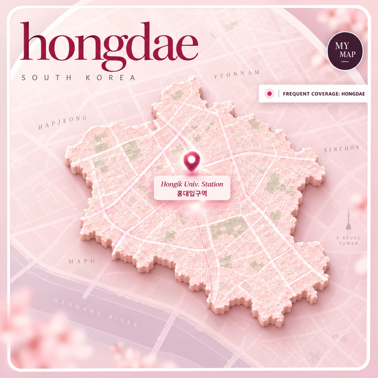 Hongdae massage service area map around Hongik University Station in Seoul
