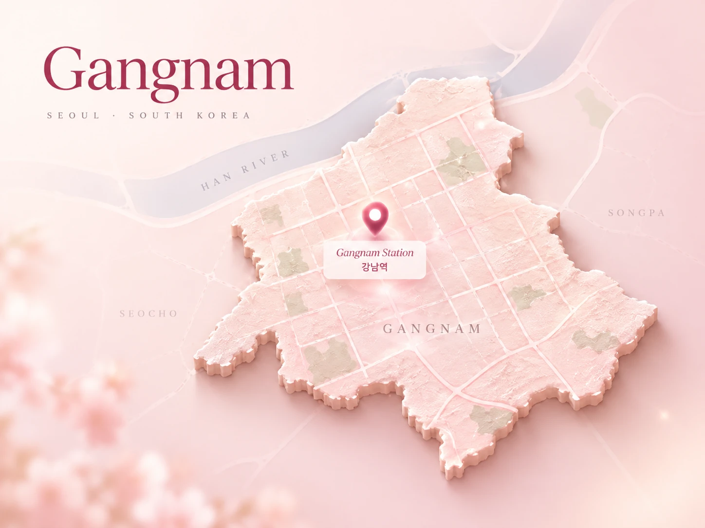 Outcall massage Gangnam service area map highlighting Gangnam Station in Seoul