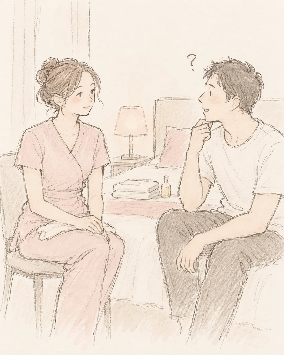 Soft pencil illustration of a customer asking a massage therapist questions before a hotel visit