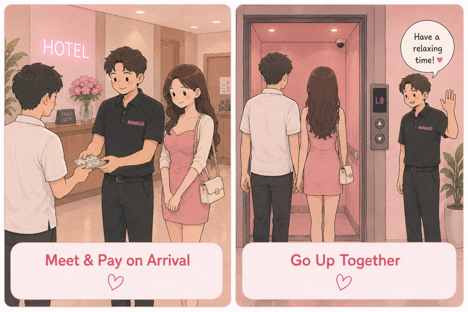 Seoul Outcall hotel booking process showing the meeting and room access steps